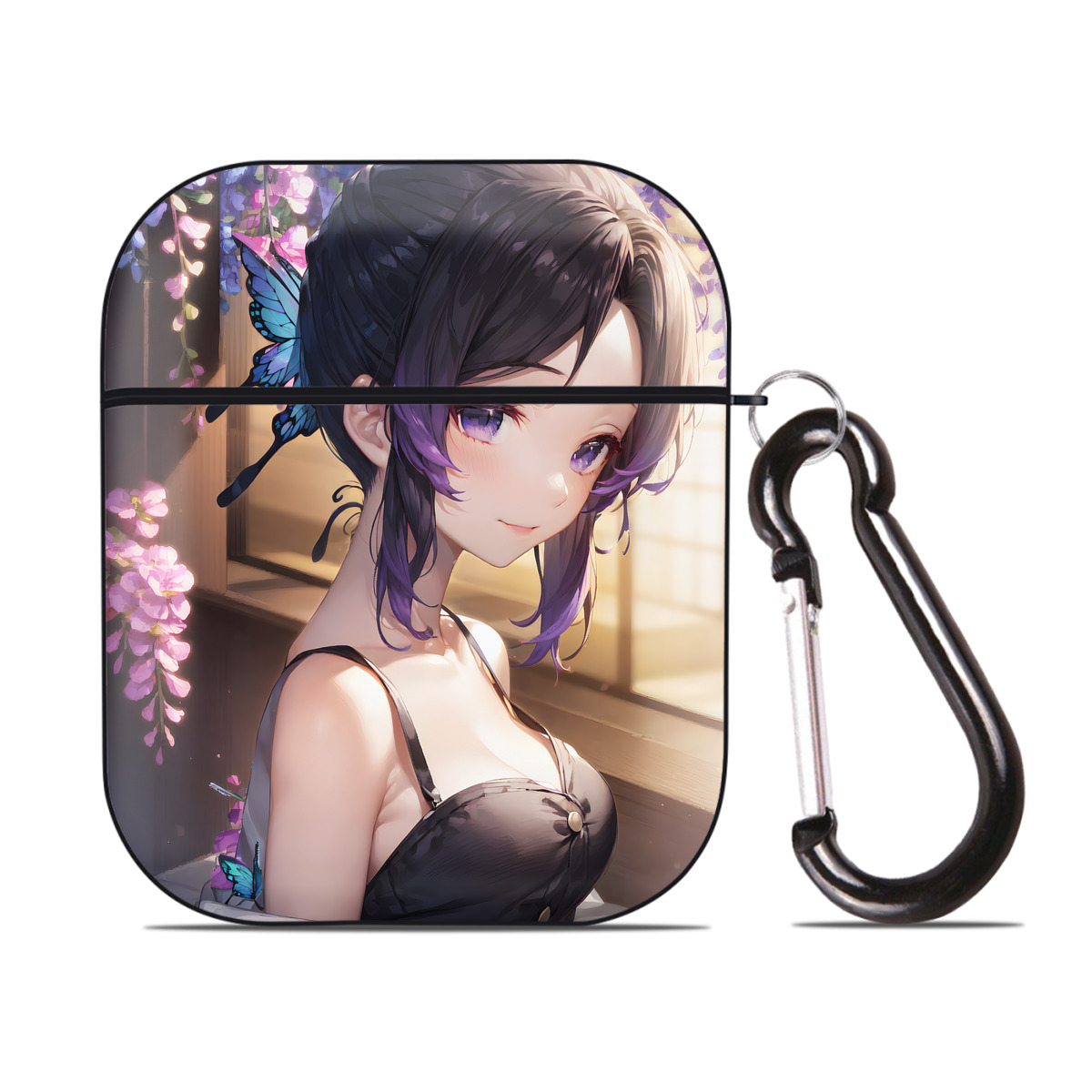 （画像用） 鬼滅の刃（きめつのやいば）蟲柱-胡蝶 しのぶ／こちょう しのぶ Kochou Shinobu AirPods 第2世代保護ケース ハードシェル ブラック 耐衝撃・防指紋・カラビナ付き