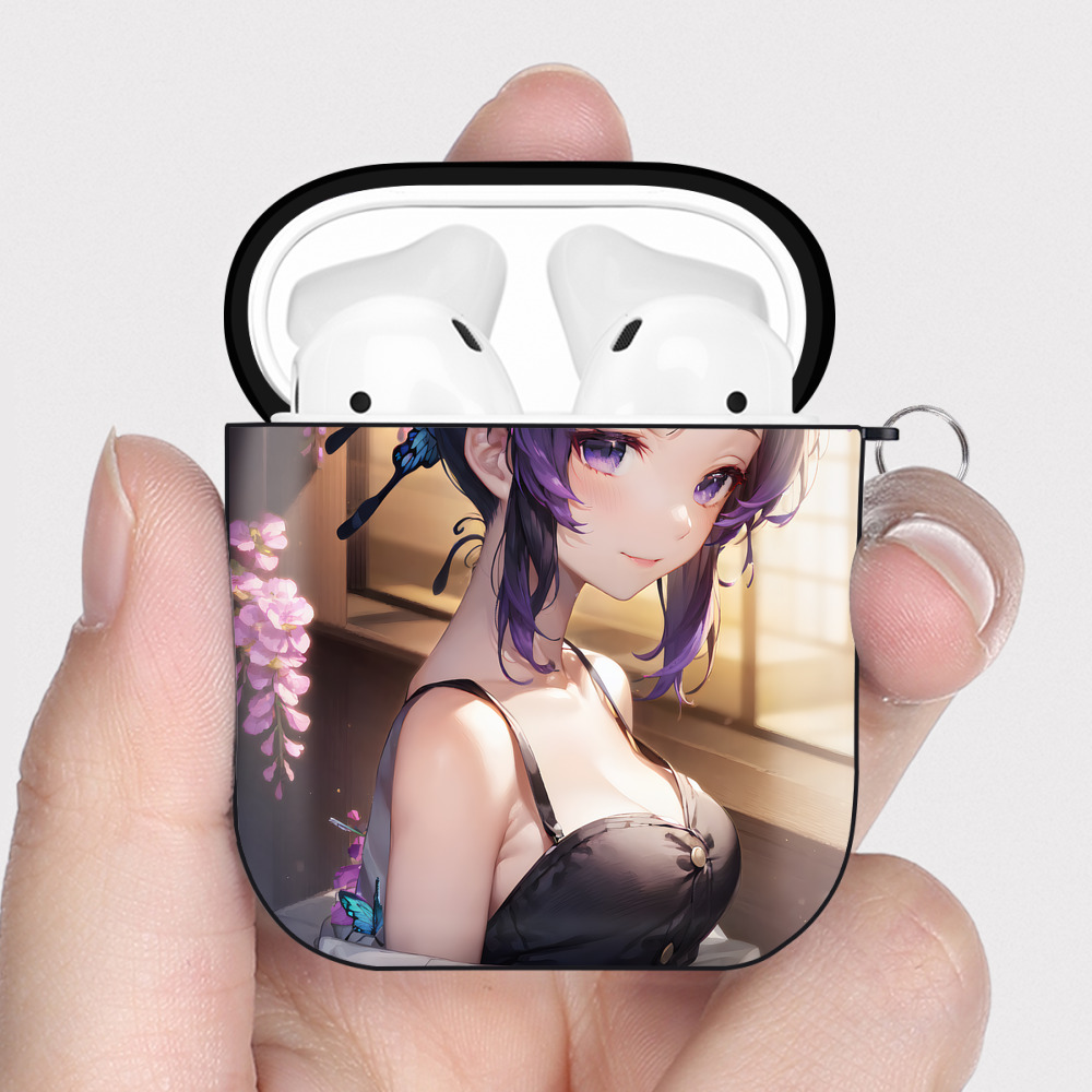 （画像用） 鬼滅の刃（きめつのやいば）蟲柱-胡蝶 しのぶ／こちょう しのぶ Kochou Shinobu AirPods 第2世代保護ケース ハードシェル ブラック 耐衝撃・防指紋・カラビナ付き