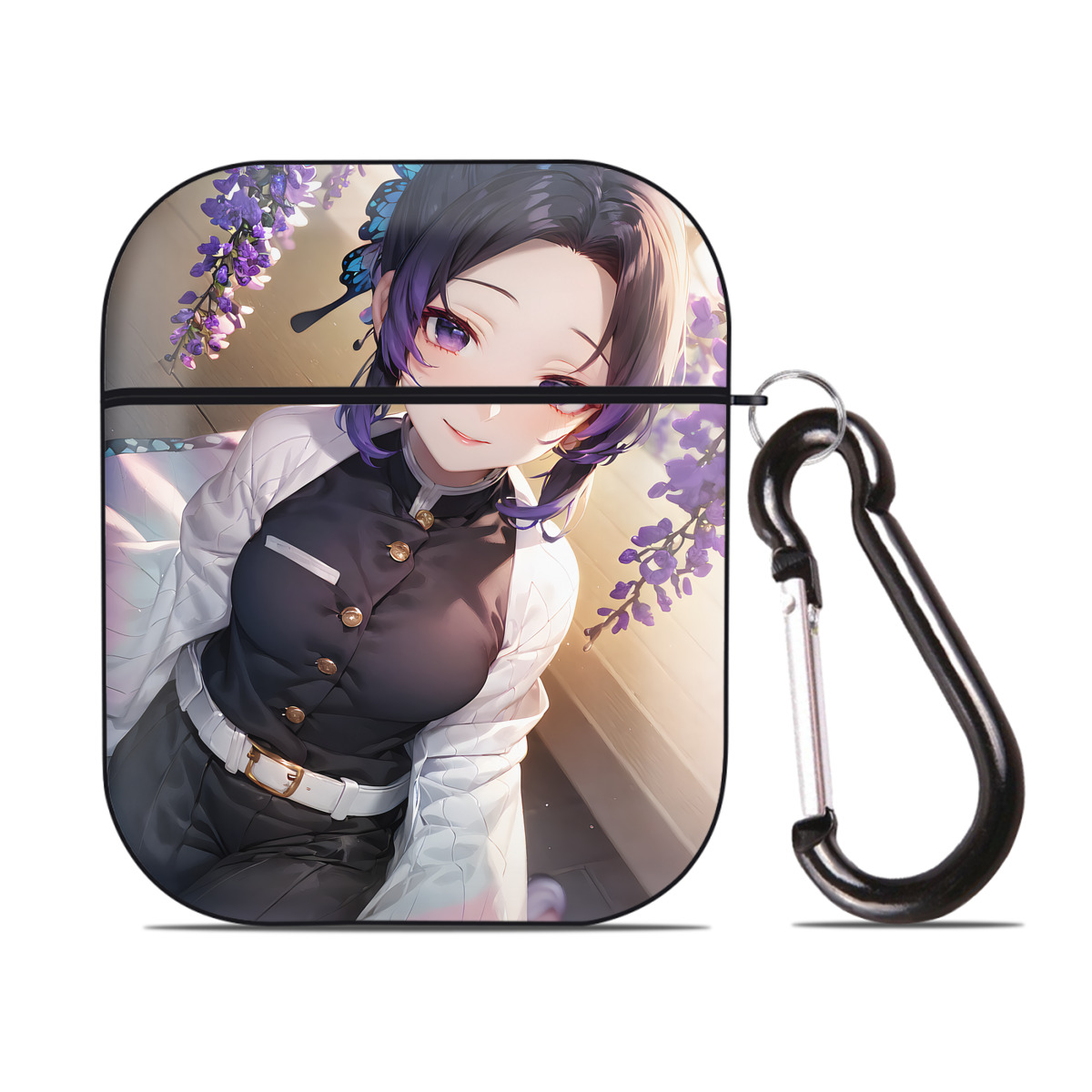 （画像用） 鬼滅の刃（きめつのやいば）蟲柱-胡蝶 しのぶ／こちょう しのぶ Kochou Shinobu AirPods 第2世代保護ケース ハードシェル ブラック 耐衝撃・防指紋・カラビナ付き