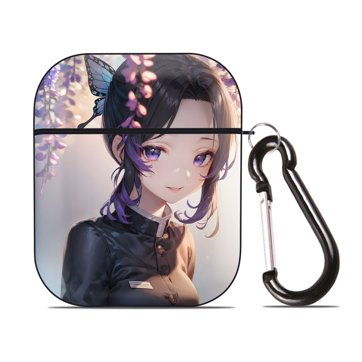 （画像用） 鬼滅の刃（きめつのやいば）蟲柱-胡蝶 しのぶ／こちょう しのぶ Kochou Shinobu AirPods 第2世代保護ケース ハードシェル ブラック 耐衝撃・防指紋・カラビナ付き