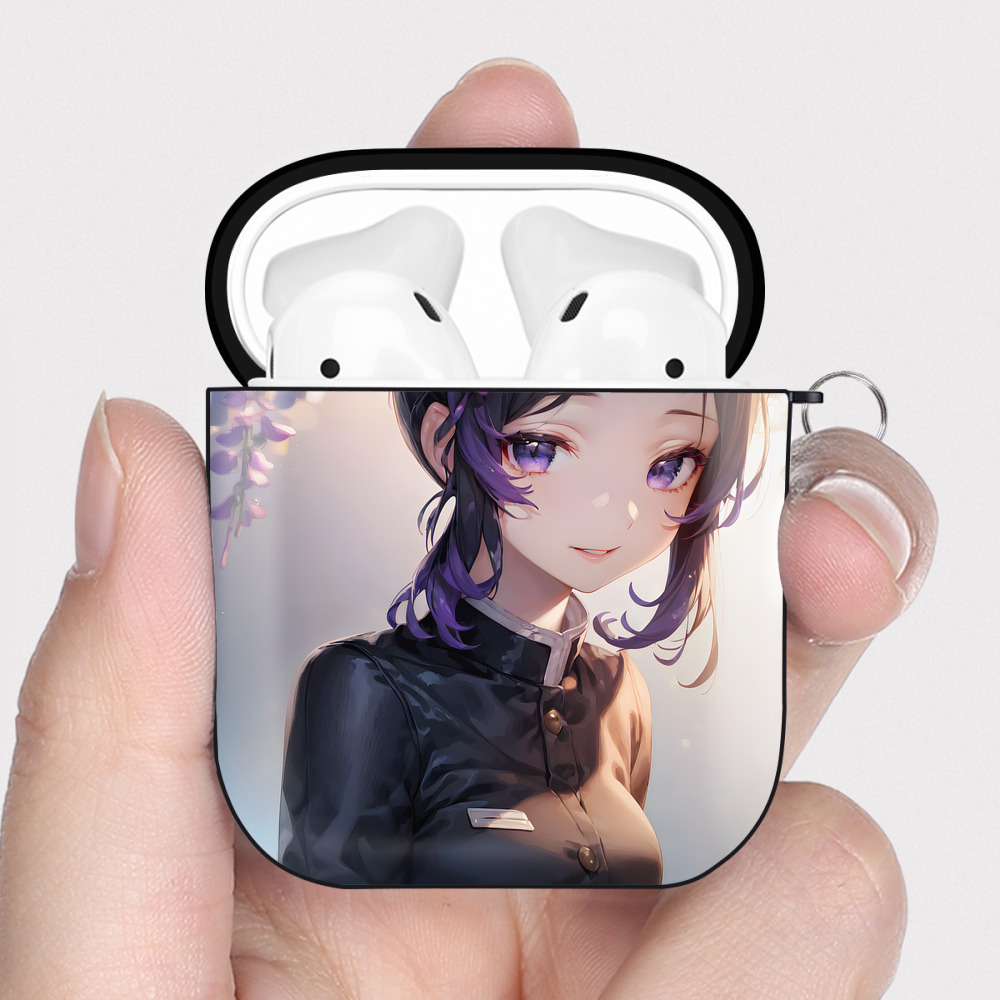 （画像用） 鬼滅の刃（きめつのやいば）蟲柱-胡蝶 しのぶ／こちょう しのぶ Kochou Shinobu AirPods 第2世代保護ケース ハードシェル ブラック 耐衝撃・防指紋・カラビナ付き