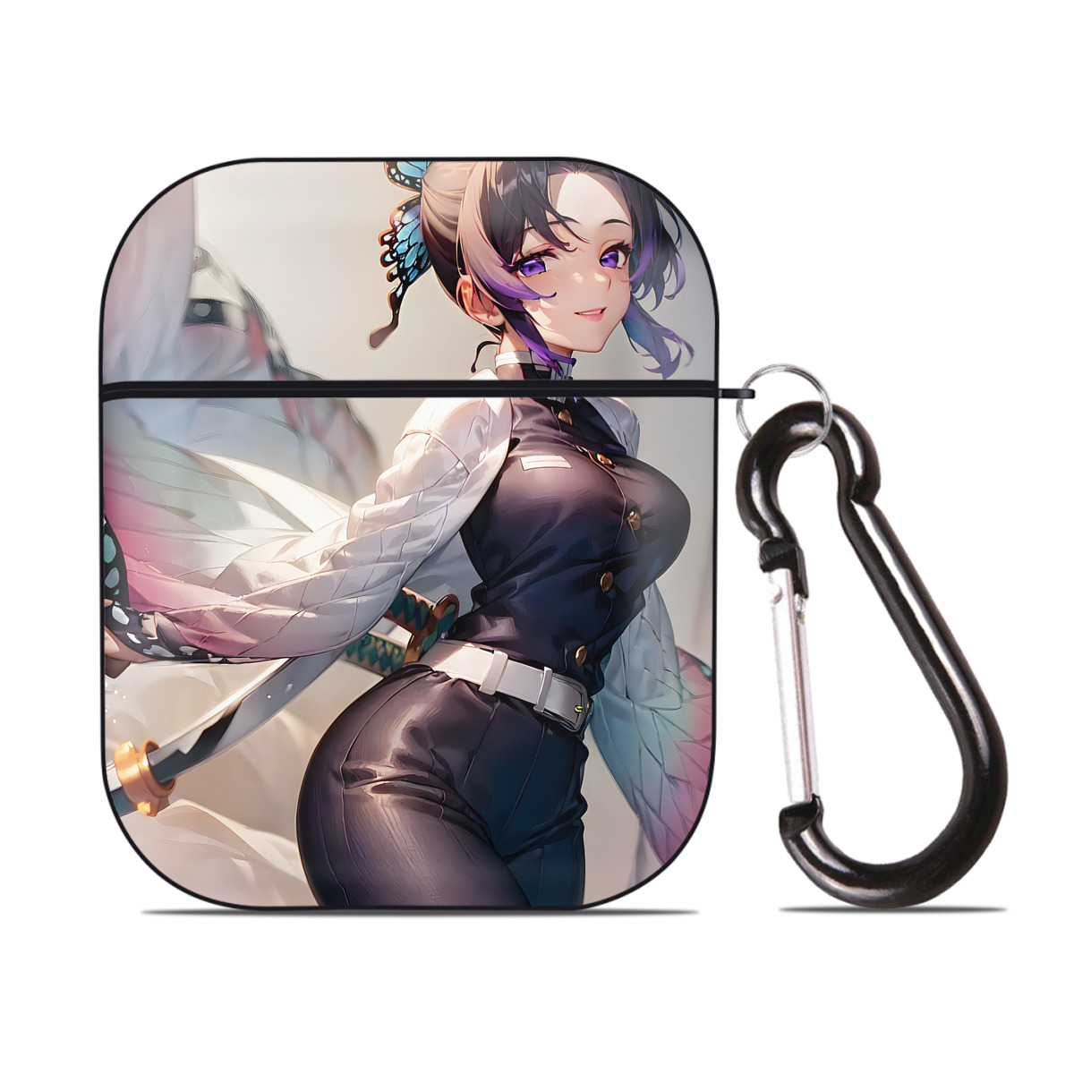 （画像用） 鬼滅の刃（きめつのやいば）蟲柱-胡蝶 しのぶ／こちょう しのぶ Kochou Shinobu AirPods 第2世代保護ケース ハードシェル ブラック 耐衝撃・防指紋・カラビナ付き