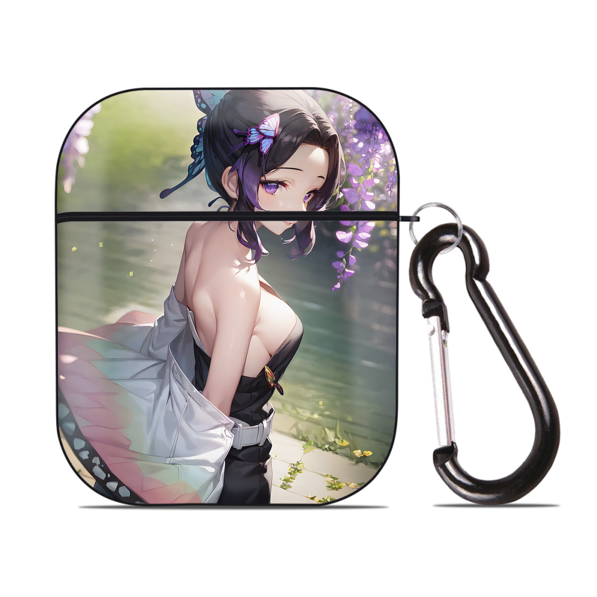 （画像用） 鬼滅の刃（きめつのやいば）蟲柱-胡蝶 しのぶ／こちょう しのぶ Kochou Shinobu AirPods 第2世代保護ケース ハードシェル ブラック 耐衝撃・防指紋・カラビナ付き
