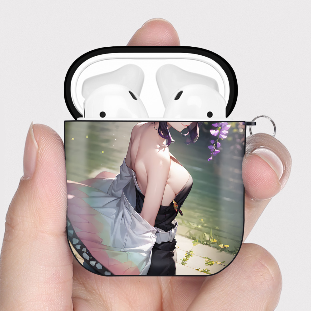 （画像用） 鬼滅の刃（きめつのやいば）蟲柱-胡蝶 しのぶ／こちょう しのぶ Kochou Shinobu AirPods 第2世代保護ケース ハードシェル ブラック 耐衝撃・防指紋・カラビナ付き