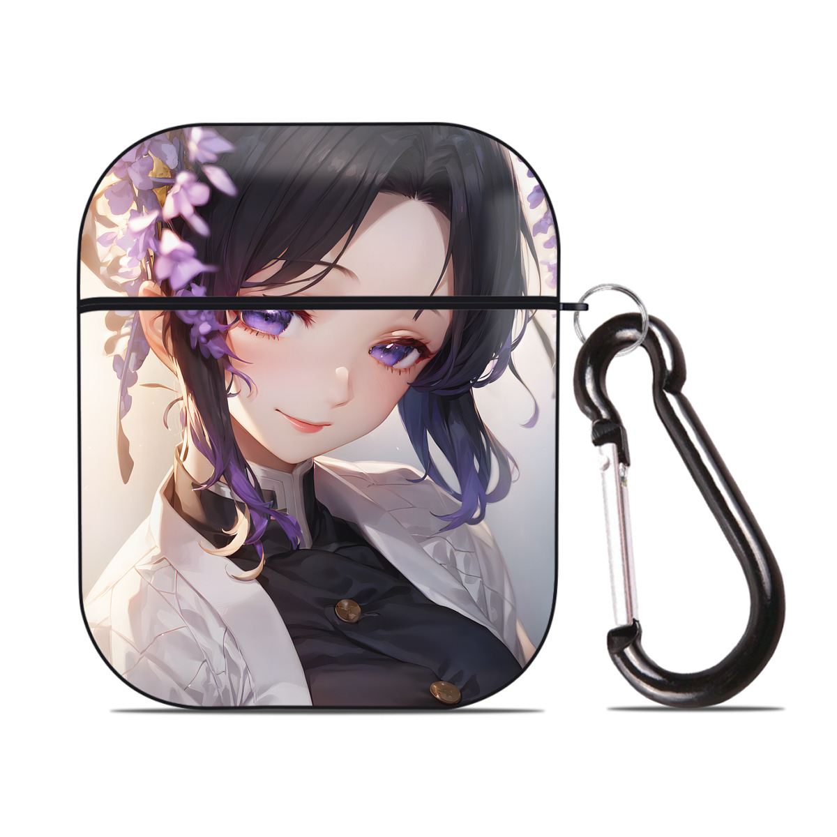 （画像用） 鬼滅の刃（きめつのやいば）蟲柱-胡蝶 しのぶ／こちょう しのぶ Kochou Shinobu AirPods 第2世代保護ケース ハードシェル ブラック 耐衝撃・防指紋・カラビナ付き