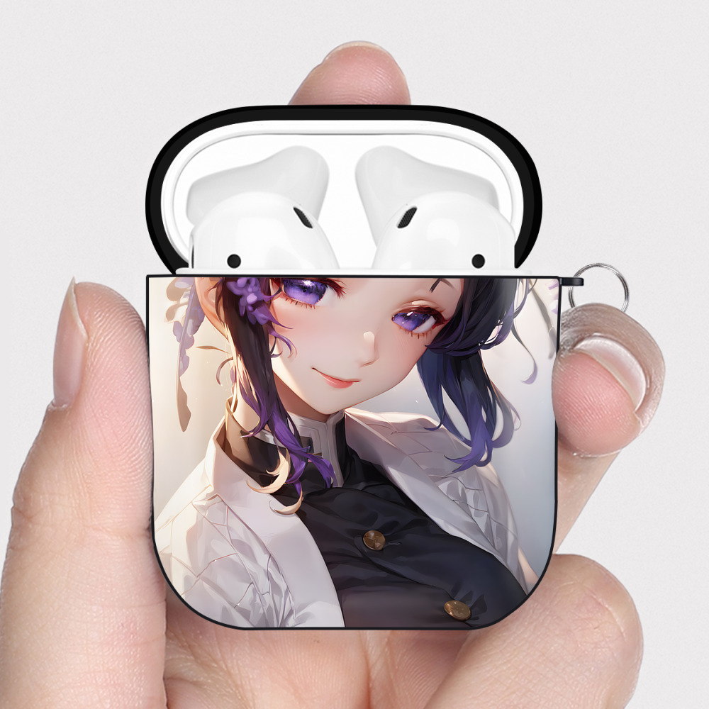 （画像用） 鬼滅の刃（きめつのやいば）蟲柱-胡蝶 しのぶ／こちょう しのぶ Kochou Shinobu AirPods 第2世代保護ケース ハードシェル ブラック 耐衝撃・防指紋・カラビナ付き