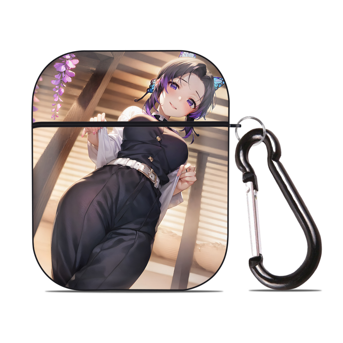 （画像用） 鬼滅の刃（きめつのやいば）蟲柱-胡蝶 しのぶ／こちょう しのぶ Kochou Shinobu AirPods 第2世代保護ケース ハードシェル ブラック 耐衝撃・防指紋・カラビナ付き