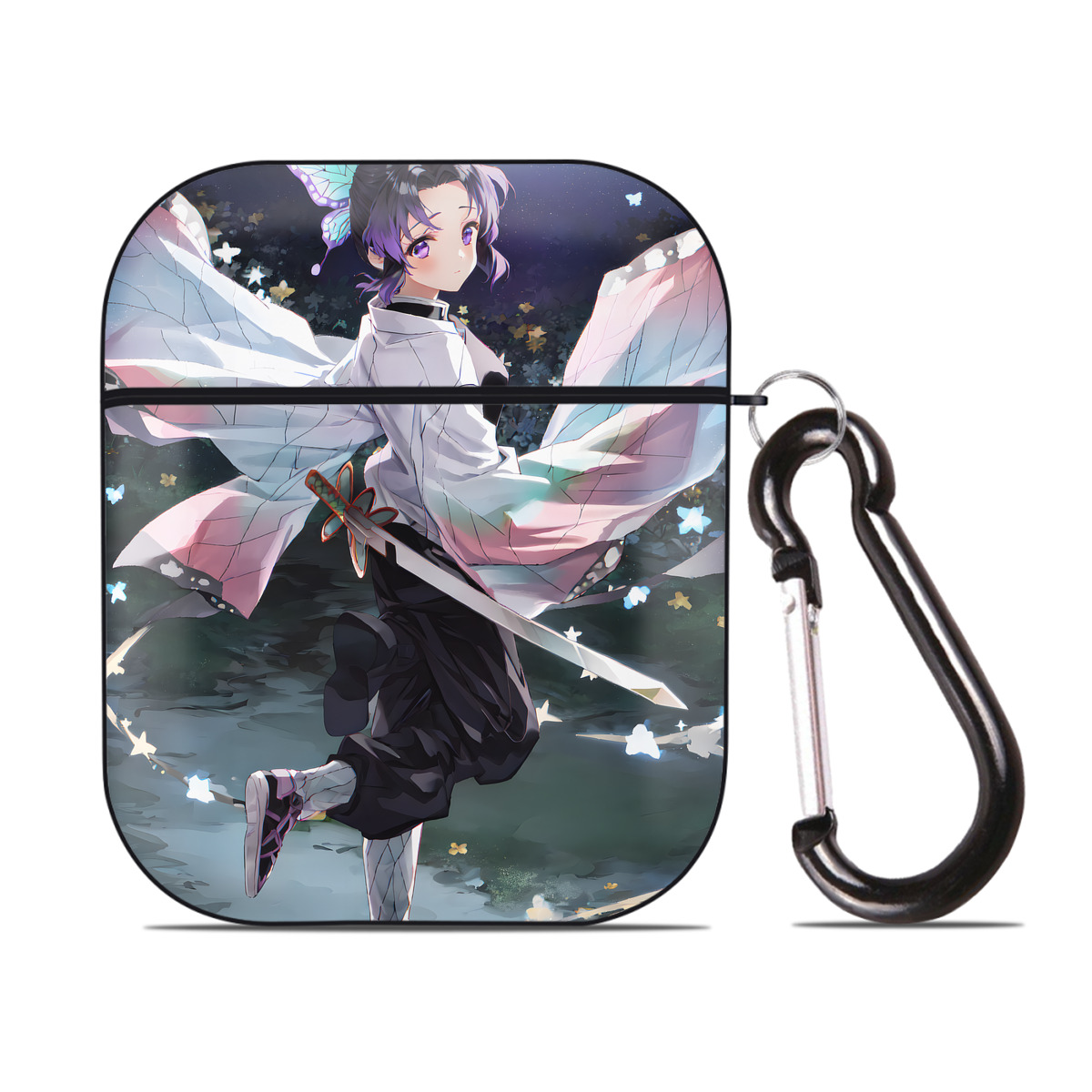 （画像用） 鬼滅の刃（きめつのやいば）蟲柱-胡蝶 しのぶ／こちょう しのぶ Kochou Shinobu AirPods 第2世代保護ケース ハードシェル ブラック 耐衝撃・防指紋・カラビナ付き