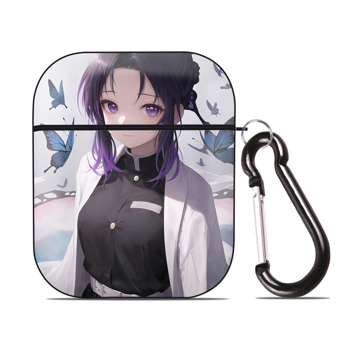 （画像用） 鬼滅の刃（きめつのやいば）蟲柱-胡蝶 しのぶ／こちょう しのぶ Kochou Shinobu AirPods 第2世代保護ケース ハードシェル ブラック 耐衝撃・防指紋・カラビナ付き