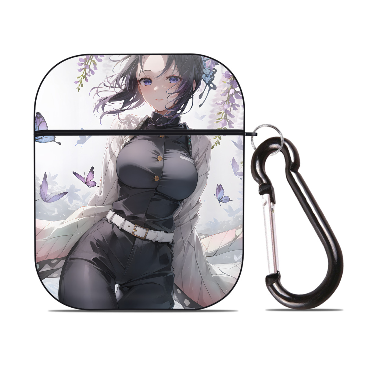 （画像用） 鬼滅の刃（きめつのやいば）蟲柱-胡蝶 しのぶ／こちょう しのぶ Kochou Shinobu AirPods 第2世代保護ケース ハードシェル ブラック 耐衝撃・防指紋・カラビナ付き