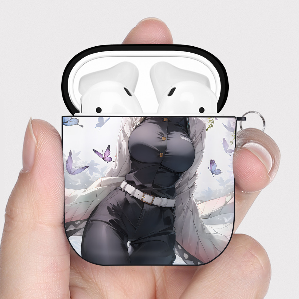 （画像用） 鬼滅の刃（きめつのやいば）蟲柱-胡蝶 しのぶ／こちょう しのぶ Kochou Shinobu AirPods 第2世代保護ケース ハードシェル ブラック 耐衝撃・防指紋・カラビナ付き