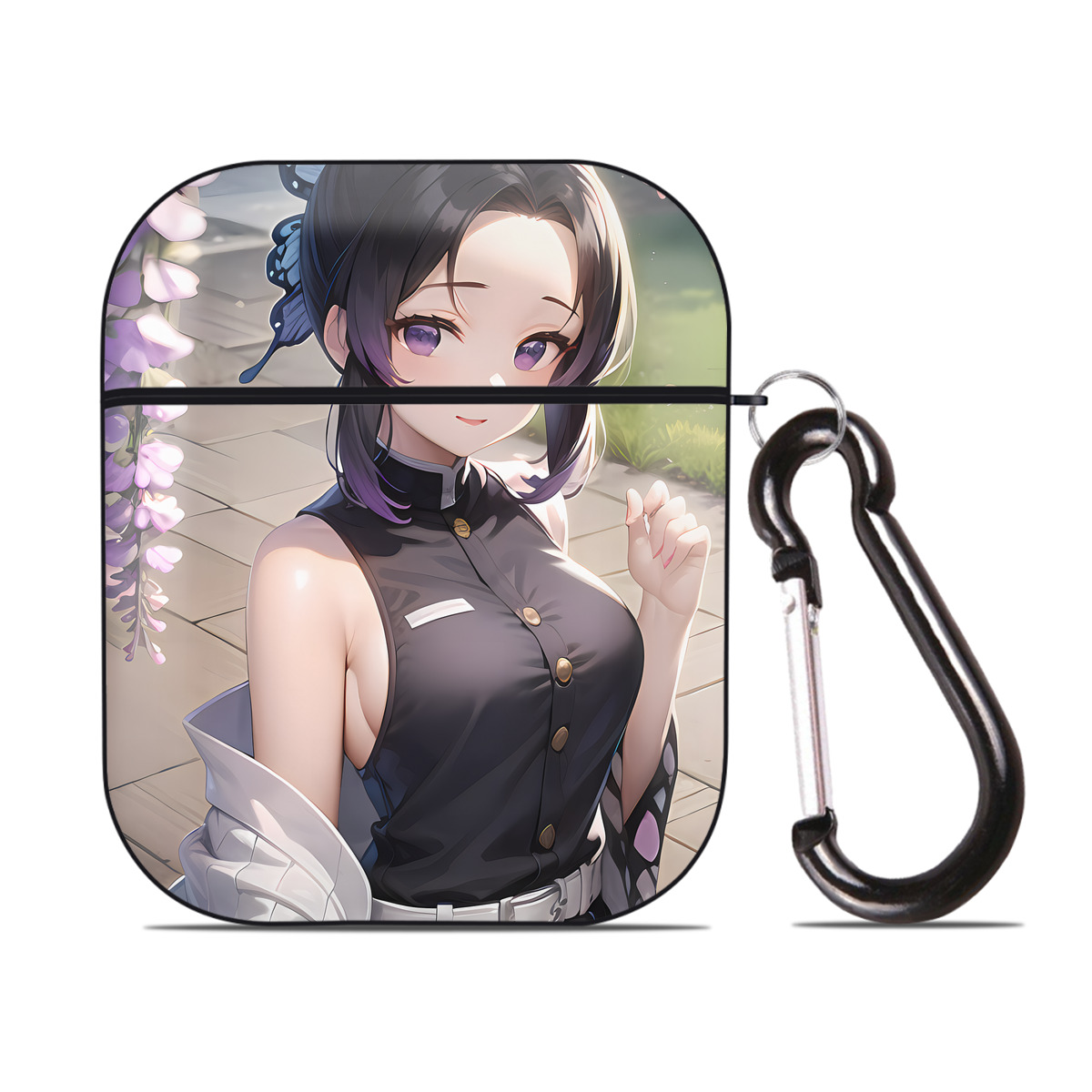 （画像用） 鬼滅の刃（きめつのやいば）蟲柱-胡蝶 しのぶ／こちょう しのぶ Kochou Shinobu AirPods 第2世代保護ケース ハードシェル ブラック 耐衝撃・防指紋・カラビナ付き