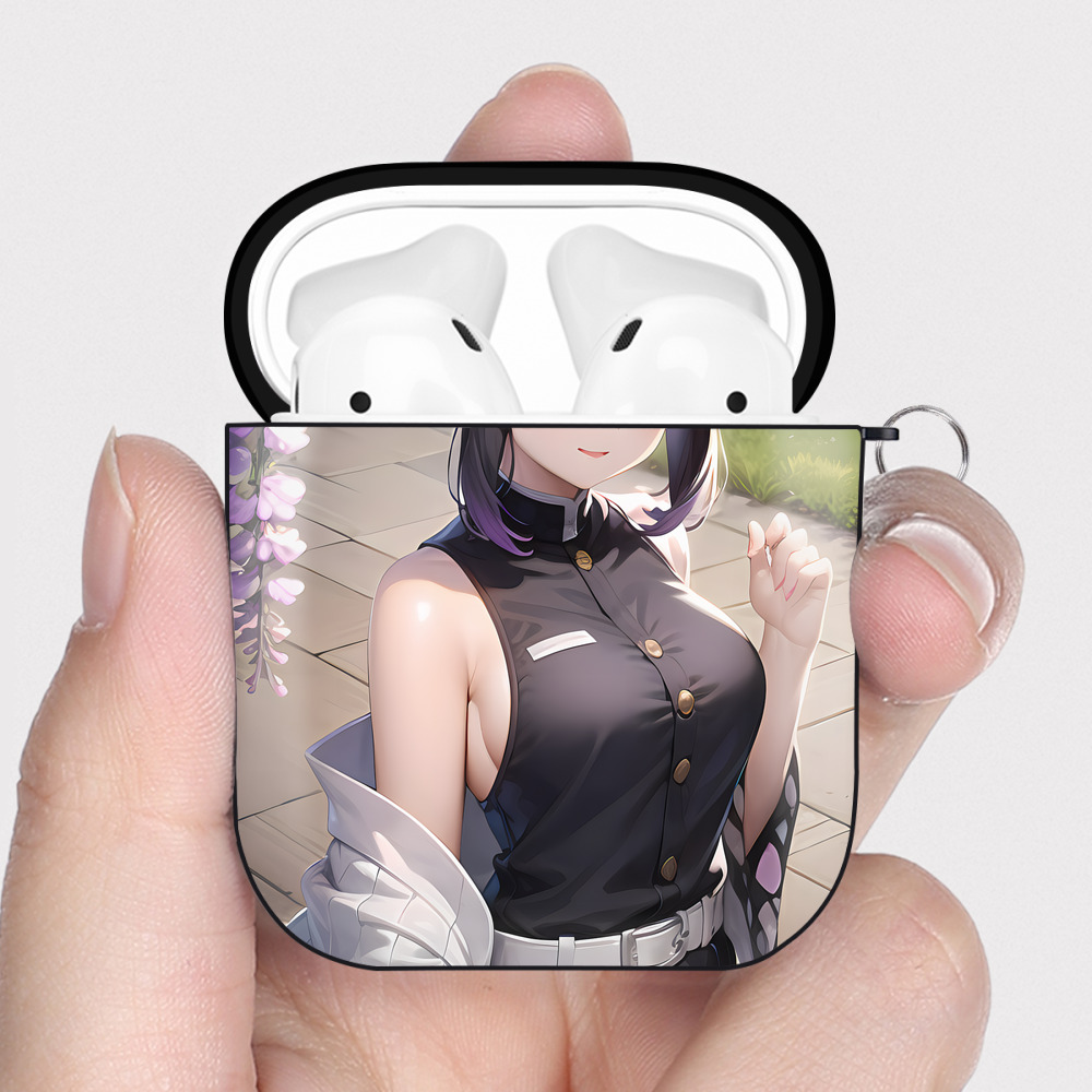 （画像用） 鬼滅の刃（きめつのやいば）蟲柱-胡蝶 しのぶ／こちょう しのぶ Kochou Shinobu AirPods 第2世代保護ケース ハードシェル ブラック 耐衝撃・防指紋・カラビナ付き