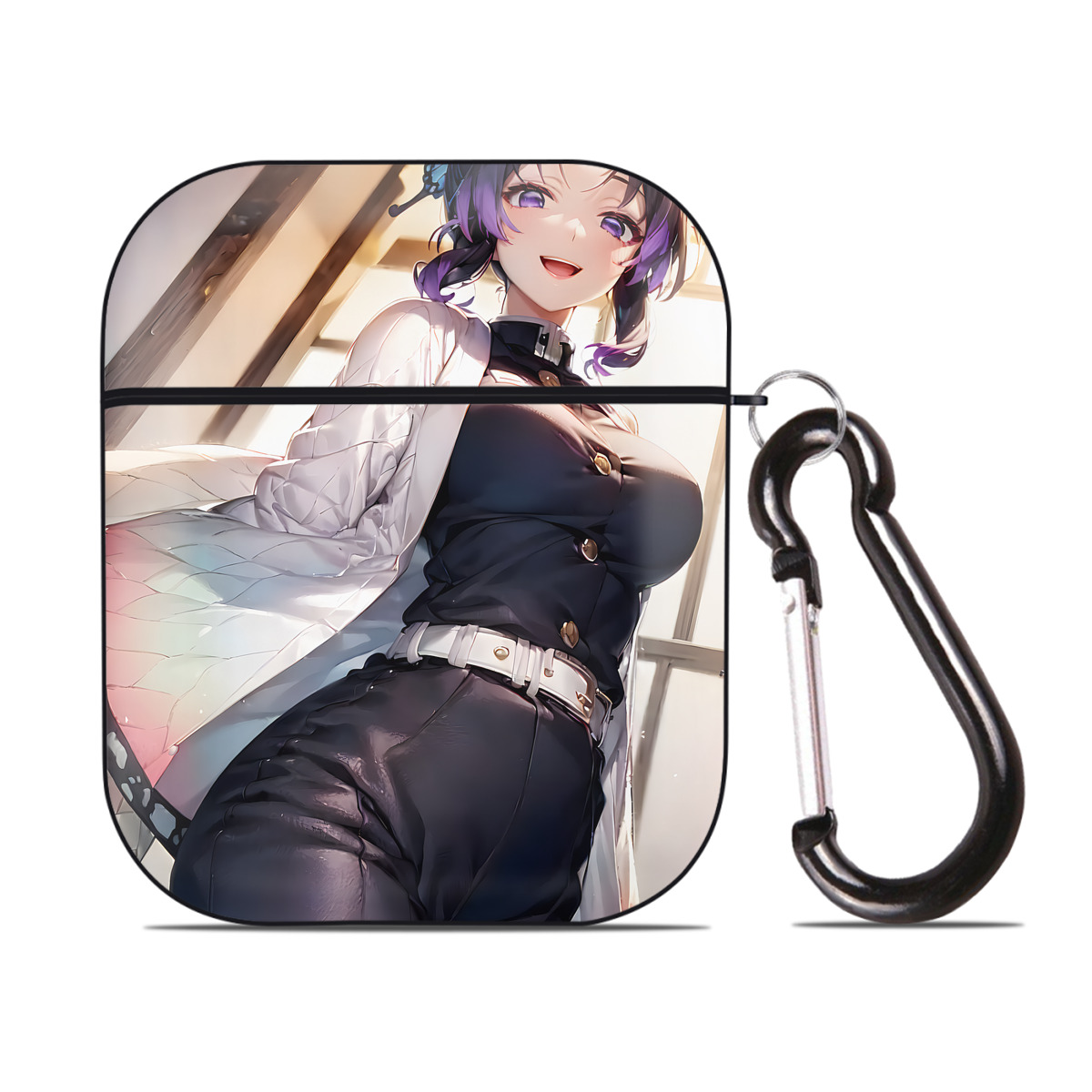 （画像用） 鬼滅の刃（きめつのやいば）蟲柱-胡蝶 しのぶ／こちょう しのぶ Kochou Shinobu AirPods 第2世代保護ケース ハードシェル ブラック 耐衝撃・防指紋・カラビナ付き