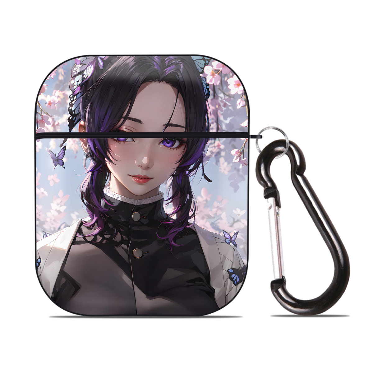 （画像用） 鬼滅の刃（きめつのやいば）蟲柱-胡蝶 しのぶ／こちょう しのぶ Kochou Shinobu AirPods 第2世代保護ケース ハードシェル ブラック 耐衝撃・防指紋・カラビナ付き