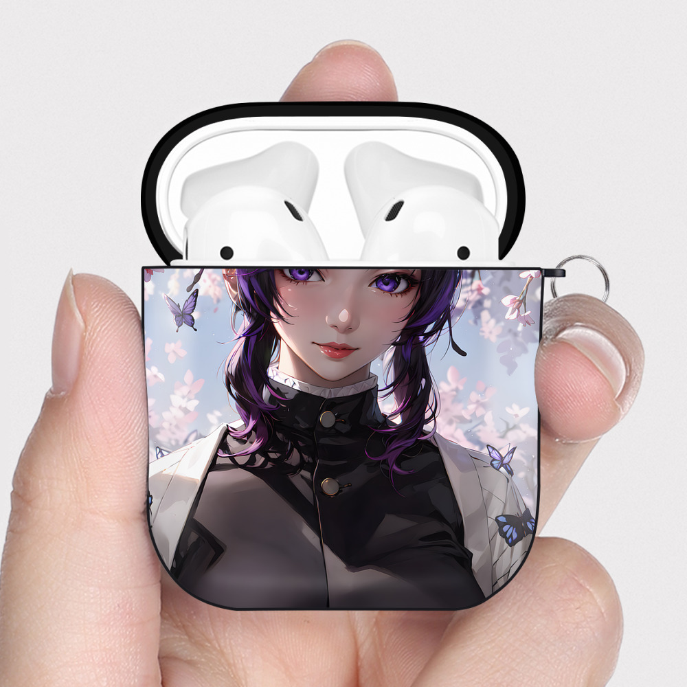 （画像用） 鬼滅の刃（きめつのやいば）蟲柱-胡蝶 しのぶ／こちょう しのぶ Kochou Shinobu AirPods 第2世代保護ケース ハードシェル ブラック 耐衝撃・防指紋・カラビナ付き