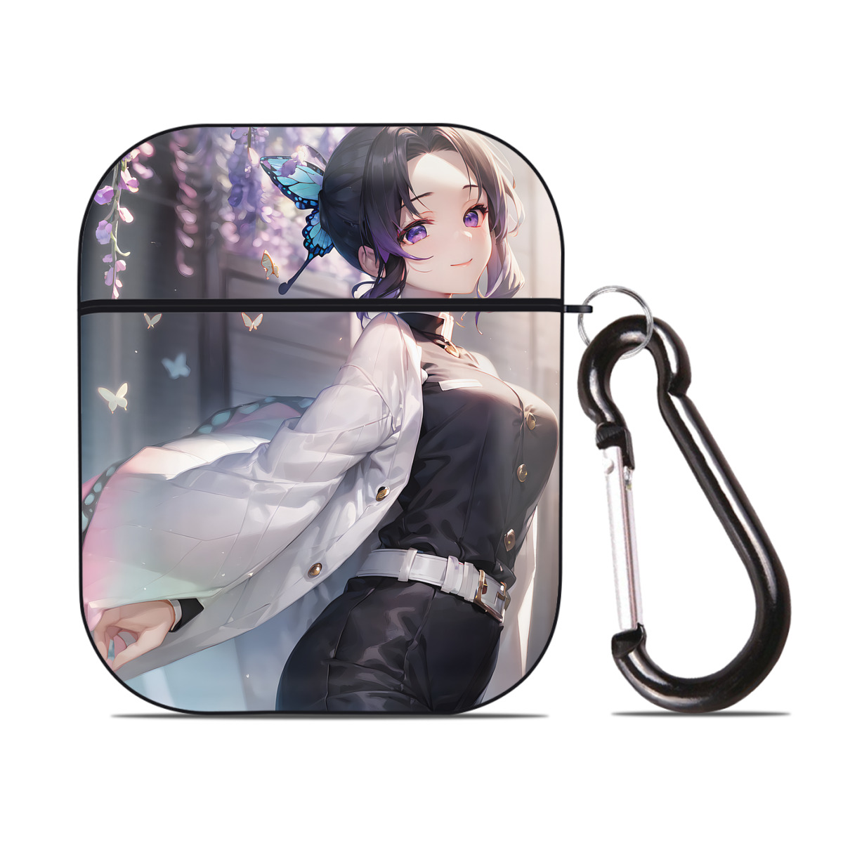 （画像用） 鬼滅の刃（きめつのやいば）蟲柱-胡蝶 しのぶ／こちょう しのぶ Kochou Shinobu AirPods 第2世代保護ケース ハードシェル ブラック 耐衝撃・防指紋・カラビナ付き