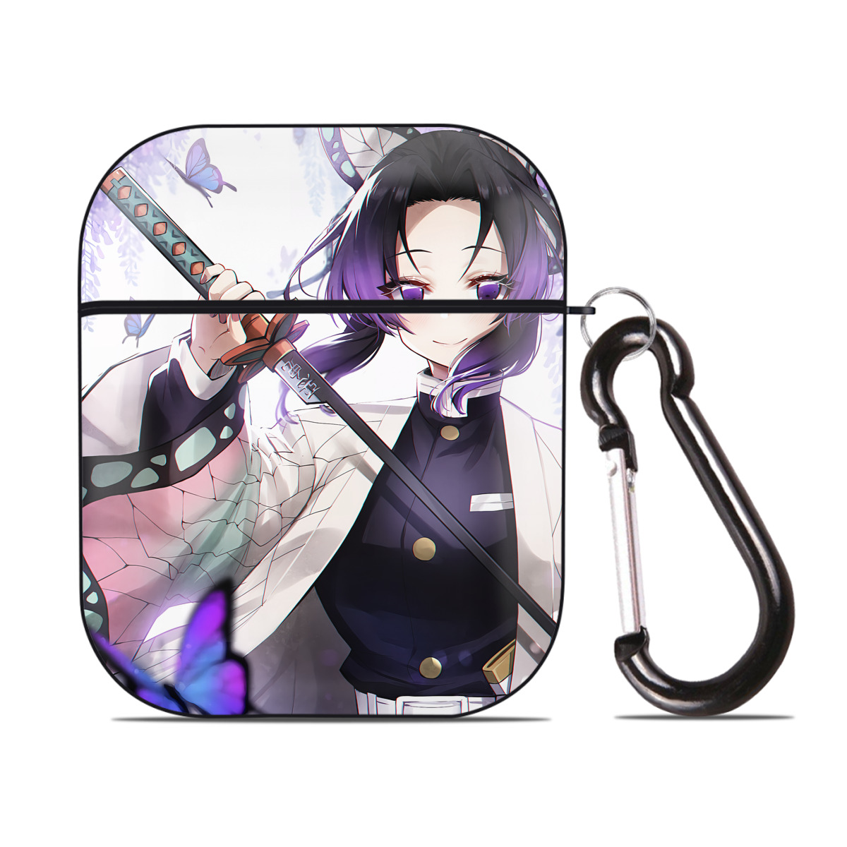 （画像用） 鬼滅の刃（きめつのやいば）蟲柱-胡蝶 しのぶ／こちょう しのぶ Kochou Shinobu AirPods 第2世代保護ケース ハードシェル ブラック 耐衝撃・防指紋・カラビナ付き