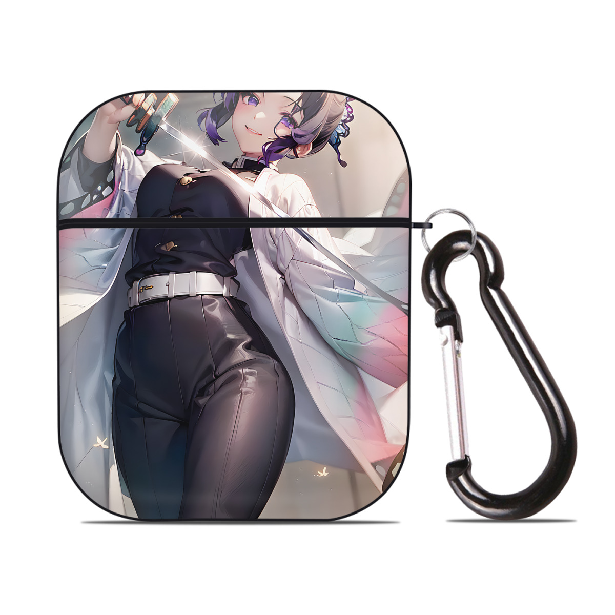 （画像用） 鬼滅の刃（きめつのやいば）蟲柱-胡蝶 しのぶ／こちょう しのぶ Kochou Shinobu AirPods 第2世代保護ケース ハードシェル ブラック 耐衝撃・防指紋・カラビナ付き