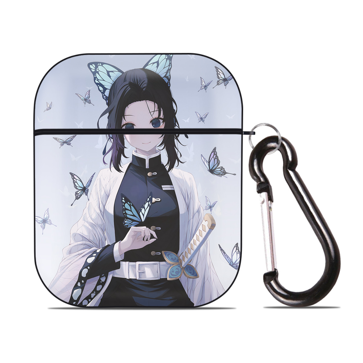 （画像用） 鬼滅の刃（きめつのやいば）蟲柱-胡蝶 しのぶ／こちょう しのぶ Kochou Shinobu AirPods 第2世代保護ケース ハードシェル ブラック 耐衝撃・防指紋・カラビナ付き