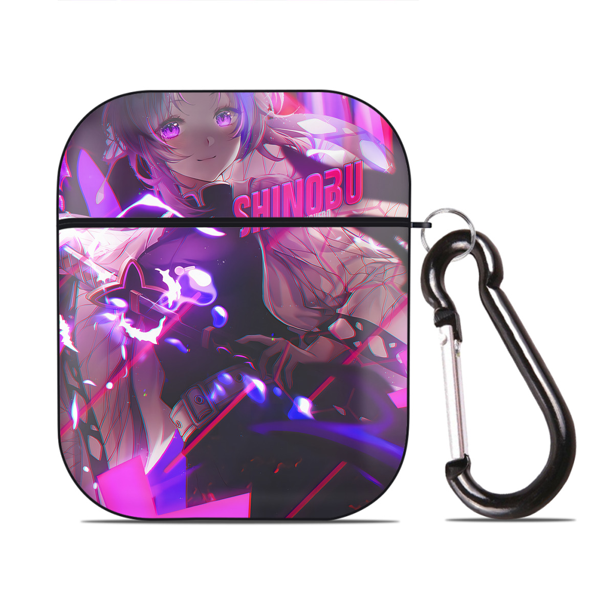 （画像用） 鬼滅の刃（きめつのやいば）蟲柱-胡蝶 しのぶ／こちょう しのぶ Kochou Shinobu AirPods 第2世代保護ケース ハードシェル ブラック 耐衝撃・防指紋・カラビナ付き