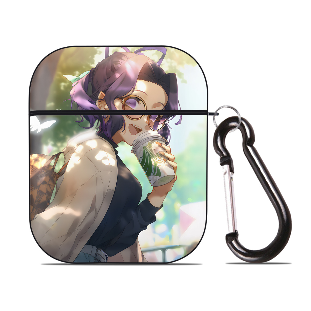 （画像用） 鬼滅の刃（きめつのやいば）蟲柱-胡蝶 しのぶ／こちょう しのぶ Kochou Shinobu AirPods 第2世代保護ケース ハードシェル ブラック 耐衝撃・防指紋・カラビナ付き