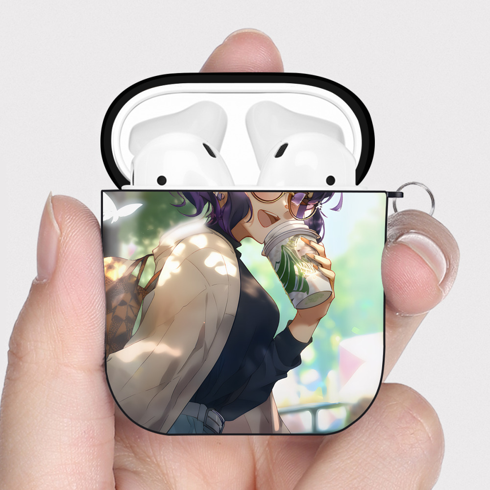 （画像用） 鬼滅の刃（きめつのやいば）蟲柱-胡蝶 しのぶ／こちょう しのぶ Kochou Shinobu AirPods 第2世代保護ケース ハードシェル ブラック 耐衝撃・防指紋・カラビナ付き