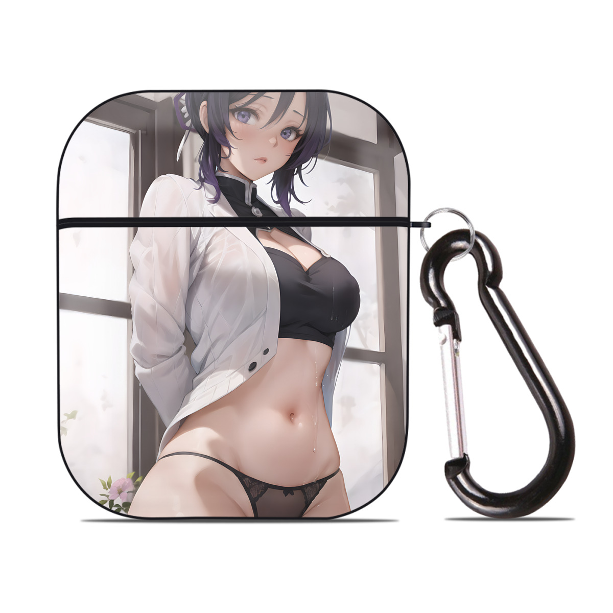（画像用） 鬼滅の刃（きめつのやいば）蟲柱-胡蝶 しのぶ／こちょう しのぶ Kochou Shinobu AirPods 第2世代保護ケース ハードシェル ブラック 耐衝撃・防指紋・カラビナ付き