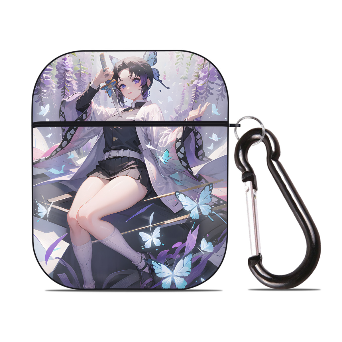 （画像用） 鬼滅の刃（きめつのやいば）蟲柱-胡蝶 しのぶ／こちょう しのぶ Kochou Shinobu AirPods 第2世代保護ケース ハードシェル ブラック 耐衝撃・防指紋・カラビナ付き