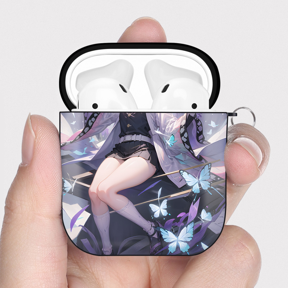 （画像用） 鬼滅の刃（きめつのやいば）蟲柱-胡蝶 しのぶ／こちょう しのぶ Kochou Shinobu AirPods 第2世代保護ケース ハードシェル ブラック 耐衝撃・防指紋・カラビナ付き