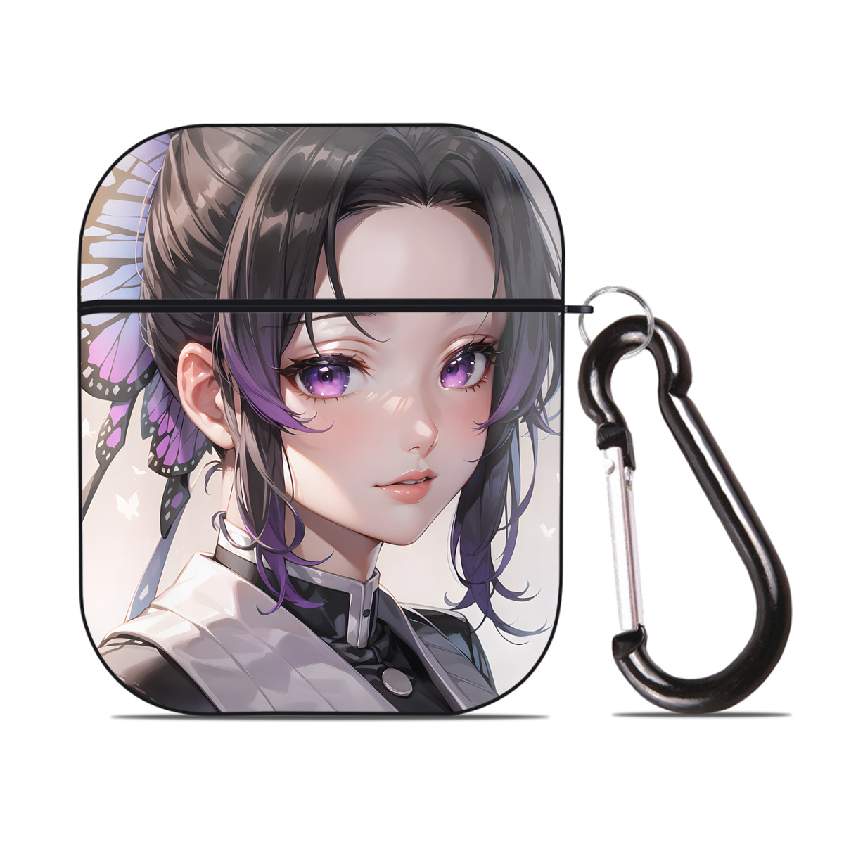 （画像用） 鬼滅の刃（きめつのやいば）蟲柱-胡蝶 しのぶ／こちょう しのぶ Kochou Shinobu AirPods 第2世代保護ケース ハードシェル ブラック 耐衝撃・防指紋・カラビナ付き