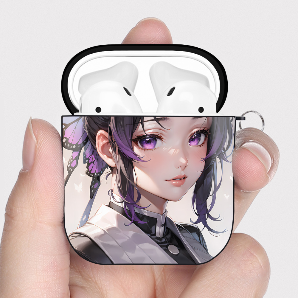（画像用） 鬼滅の刃（きめつのやいば）蟲柱-胡蝶 しのぶ／こちょう しのぶ Kochou Shinobu AirPods 第2世代保護ケース ハードシェル ブラック 耐衝撃・防指紋・カラビナ付き