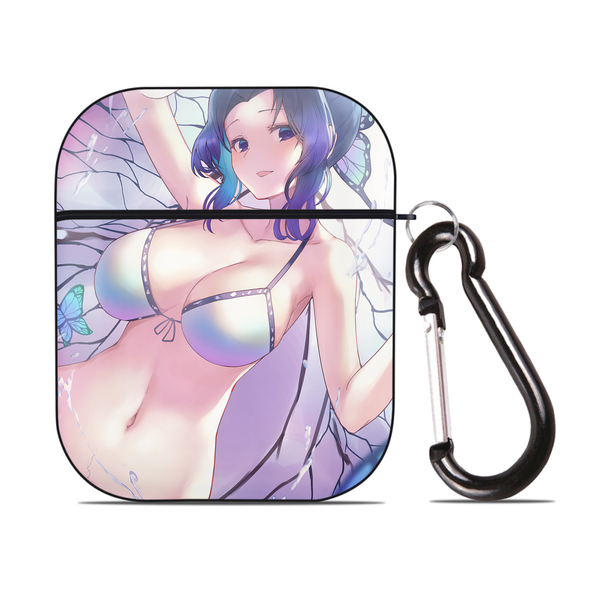 （画像用） 鬼滅の刃（きめつのやいば）蟲柱-胡蝶 しのぶ／こちょう しのぶ Kochou Shinobu AirPods 第2世代保護ケース ハードシェル ブラック 耐衝撃・防指紋・カラビナ付き