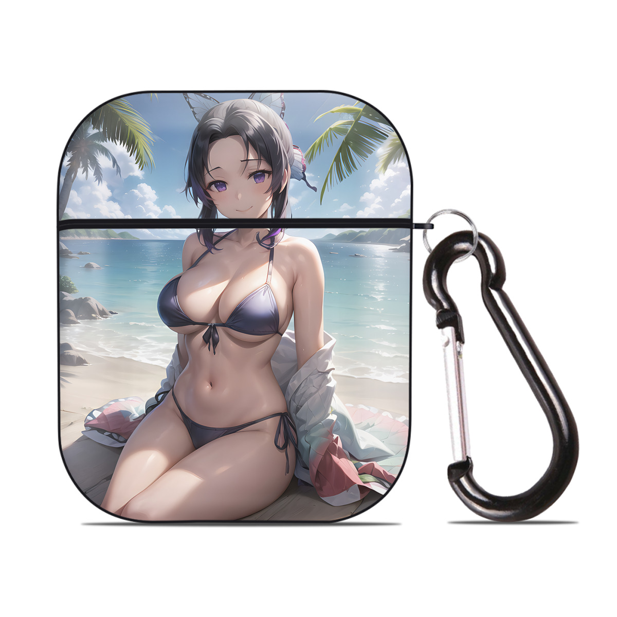 （画像用） 鬼滅の刃（きめつのやいば）蟲柱-胡蝶 しのぶ／こちょう しのぶ Kochou Shinobu AirPods 第2世代保護ケース ハードシェル ブラック 耐衝撃・防指紋・カラビナ付き