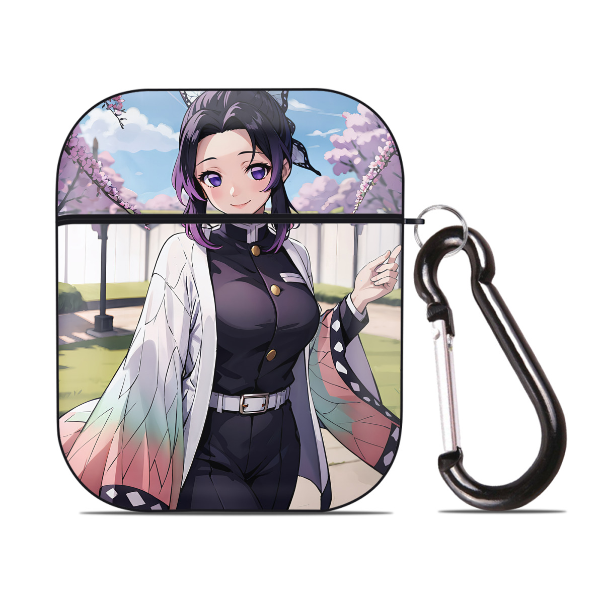 （画像用） 鬼滅の刃（きめつのやいば）蟲柱-胡蝶 しのぶ／こちょう しのぶ Kochou Shinobu AirPods 第2世代保護ケース ハードシェル ブラック 耐衝撃・防指紋・カラビナ付き