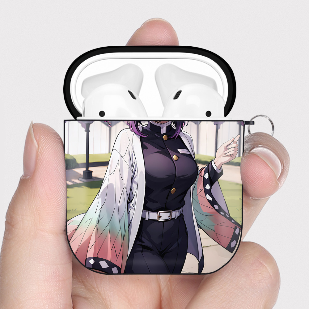 （画像用） 鬼滅の刃（きめつのやいば）蟲柱-胡蝶 しのぶ／こちょう しのぶ Kochou Shinobu AirPods 第2世代保護ケース ハードシェル ブラック 耐衝撃・防指紋・カラビナ付き