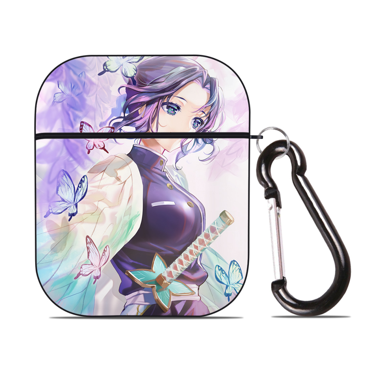 （画像用） 鬼滅の刃（きめつのやいば）蟲柱-胡蝶 しのぶ／こちょう しのぶ Kochou Shinobu AirPods 第2世代保護ケース ハードシェル ブラック 耐衝撃・防指紋・カラビナ付き