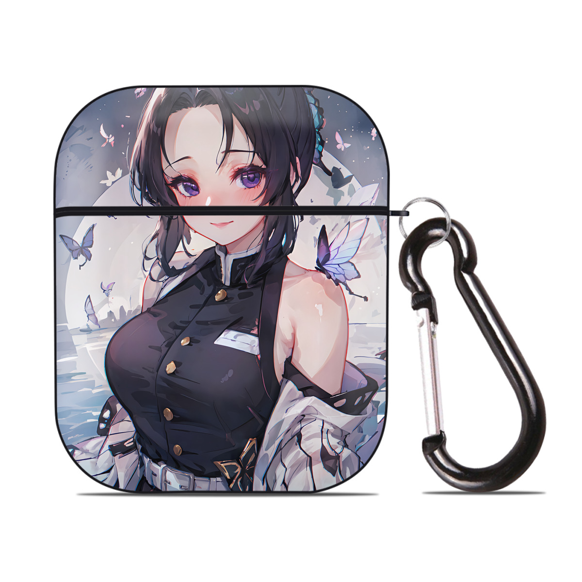 （画像用） 鬼滅の刃（きめつのやいば）蟲柱-胡蝶 しのぶ／こちょう しのぶ Kochou Shinobu AirPods 第2世代保護ケース ハードシェル ブラック 耐衝撃・防指紋・カラビナ付き