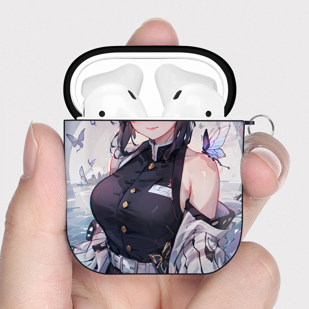 （画像用） 鬼滅の刃（きめつのやいば）蟲柱-胡蝶 しのぶ／こちょう しのぶ Kochou Shinobu AirPods 第2世代保護ケース ハードシェル ブラック 耐衝撃・防指紋・カラビナ付き