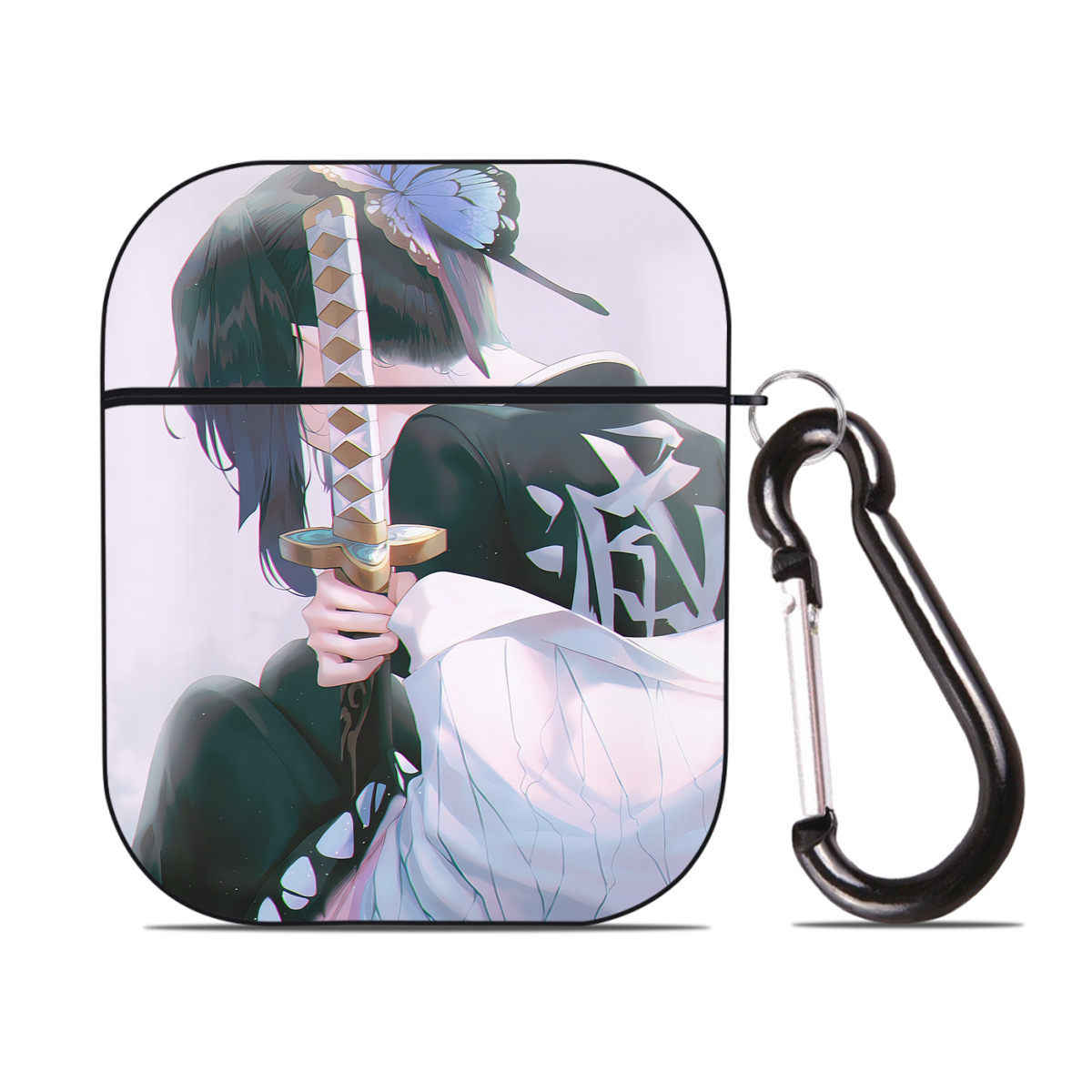 （画像用） 鬼滅の刃（きめつのやいば）蟲柱-胡蝶 しのぶ／こちょう しのぶ Kochou Shinobu AirPods 第2世代保護ケース ハードシェル ブラック 耐衝撃・防指紋・カラビナ付き