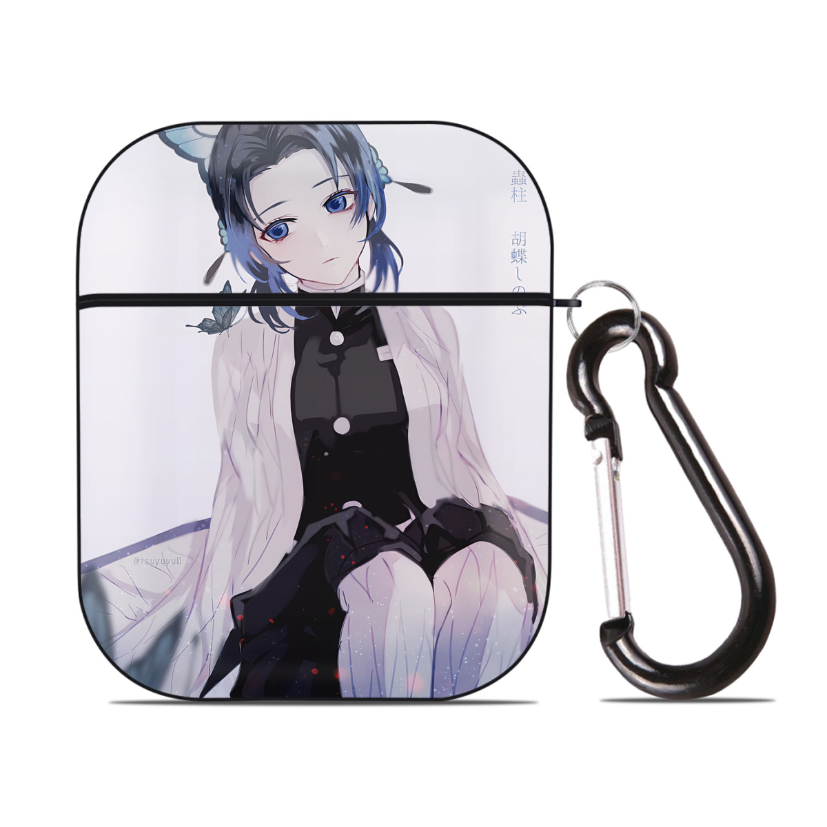 （画像用） 鬼滅の刃（きめつのやいば）蟲柱-胡蝶 しのぶ／こちょう しのぶ Kochou Shinobu AirPods 第2世代保護ケース ハードシェル ブラック 耐衝撃・防指紋・カラビナ付き