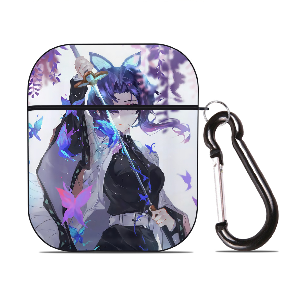 （画像用） 鬼滅の刃（きめつのやいば）蟲柱-胡蝶 しのぶ／こちょう しのぶ Kochou Shinobu AirPods 第2世代保護ケース ハードシェル ブラック 耐衝撃・防指紋・カラビナ付き