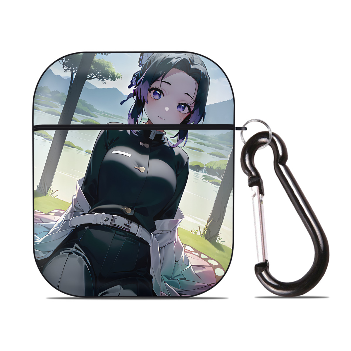 （画像用） 鬼滅の刃（きめつのやいば）蟲柱-胡蝶 しのぶ／こちょう しのぶ Kochou Shinobu AirPods 第2世代保護ケース ハードシェル ブラック 耐衝撃・防指紋・カラビナ付き