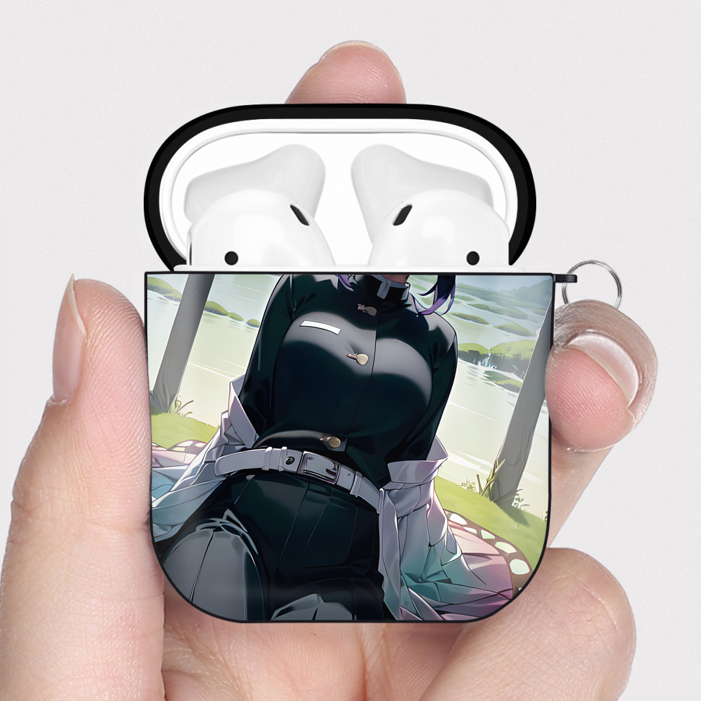 （画像用） 鬼滅の刃（きめつのやいば）蟲柱-胡蝶 しのぶ／こちょう しのぶ Kochou Shinobu AirPods 第2世代保護ケース ハードシェル ブラック 耐衝撃・防指紋・カラビナ付き