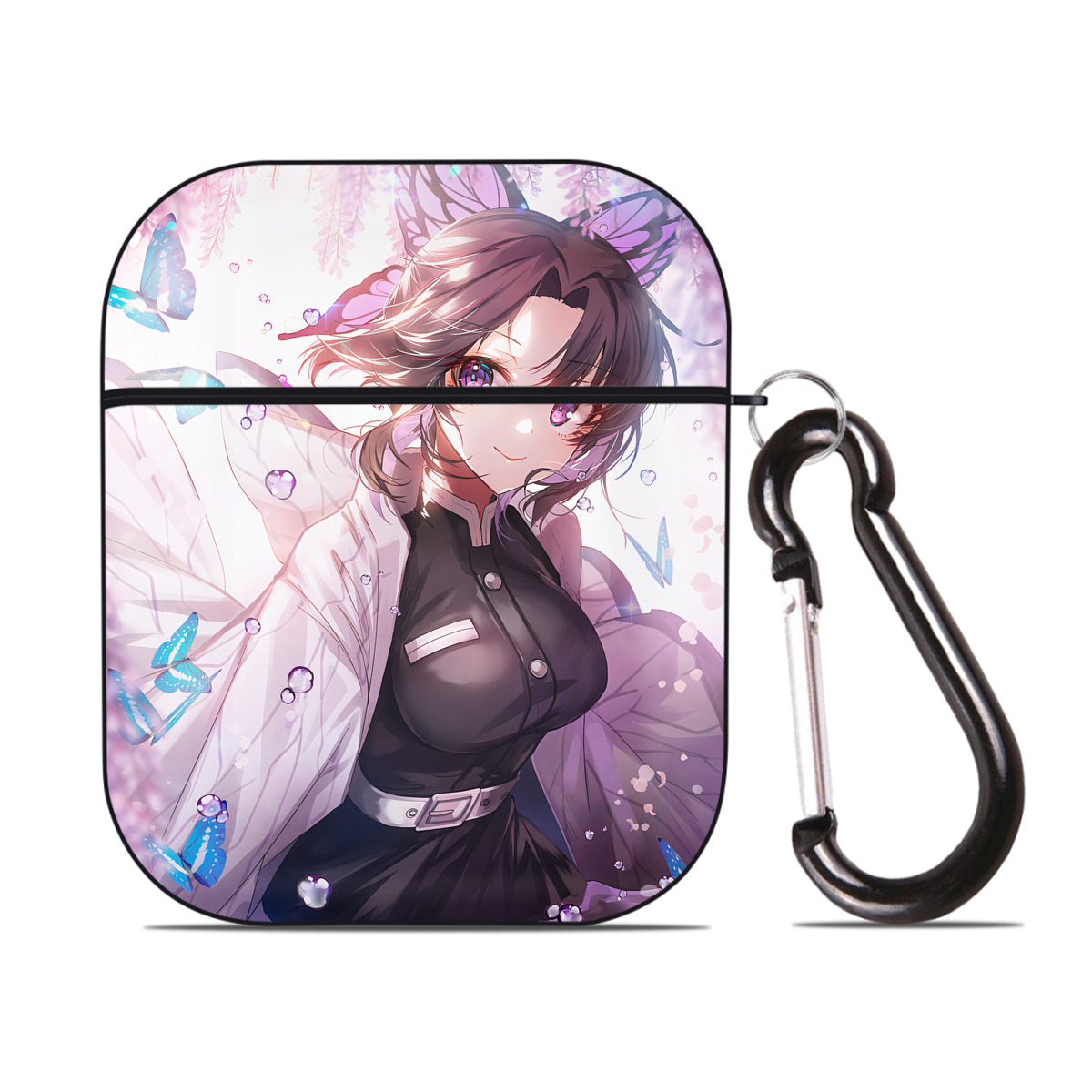 （画像用） 鬼滅の刃（きめつのやいば）蟲柱-胡蝶 しのぶ／こちょう しのぶ Kochou Shinobu AirPods 第2世代保護ケース ハードシェル ブラック 耐衝撃・防指紋・カラビナ付き