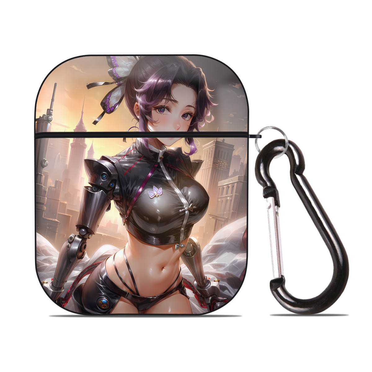 （画像用） 鬼滅の刃（きめつのやいば）蟲柱-胡蝶 しのぶ／こちょう しのぶ Kochou Shinobu AirPods 第2世代保護ケース ハードシェル ブラック 耐衝撃・防指紋・カラビナ付き