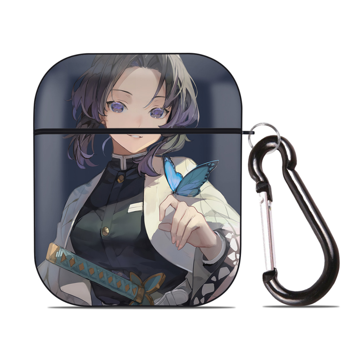 （画像用） 鬼滅の刃（きめつのやいば）蟲柱-胡蝶 しのぶ／こちょう しのぶ Kochou Shinobu AirPods 第2世代保護ケース ハードシェル ブラック 耐衝撃・防指紋・カラビナ付き