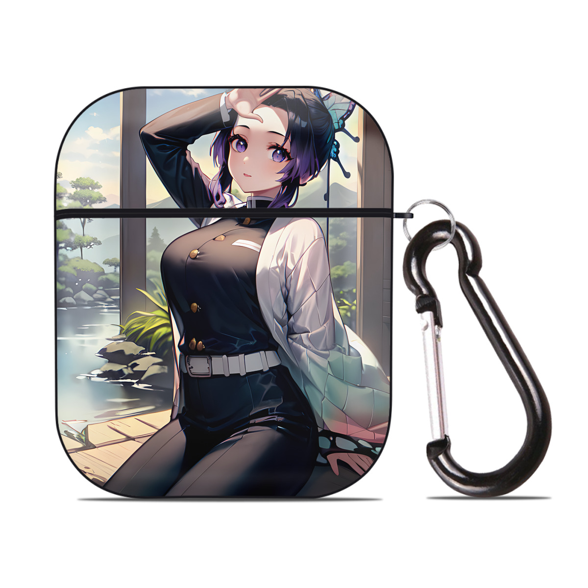 （画像用） 鬼滅の刃（きめつのやいば）蟲柱-胡蝶 しのぶ／こちょう しのぶ Kochou Shinobu AirPods 第2世代保護ケース ハードシェル ブラック 耐衝撃・防指紋・カラビナ付き