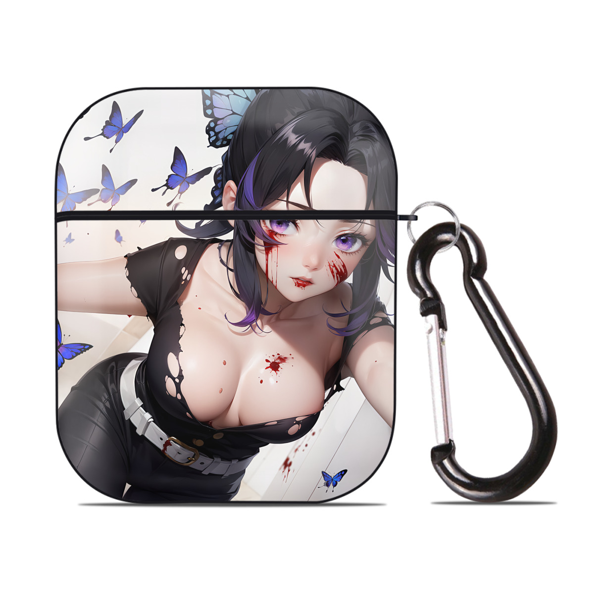 （画像用） 鬼滅の刃（きめつのやいば）蟲柱-胡蝶 しのぶ／こちょう しのぶ Kochou Shinobu AirPods 第2世代保護ケース ハードシェル ブラック 耐衝撃・防指紋・カラビナ付き