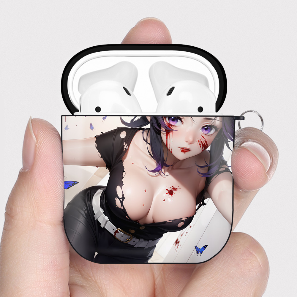 （画像用） 鬼滅の刃（きめつのやいば）蟲柱-胡蝶 しのぶ／こちょう しのぶ Kochou Shinobu AirPods 第2世代保護ケース ハードシェル ブラック 耐衝撃・防指紋・カラビナ付き